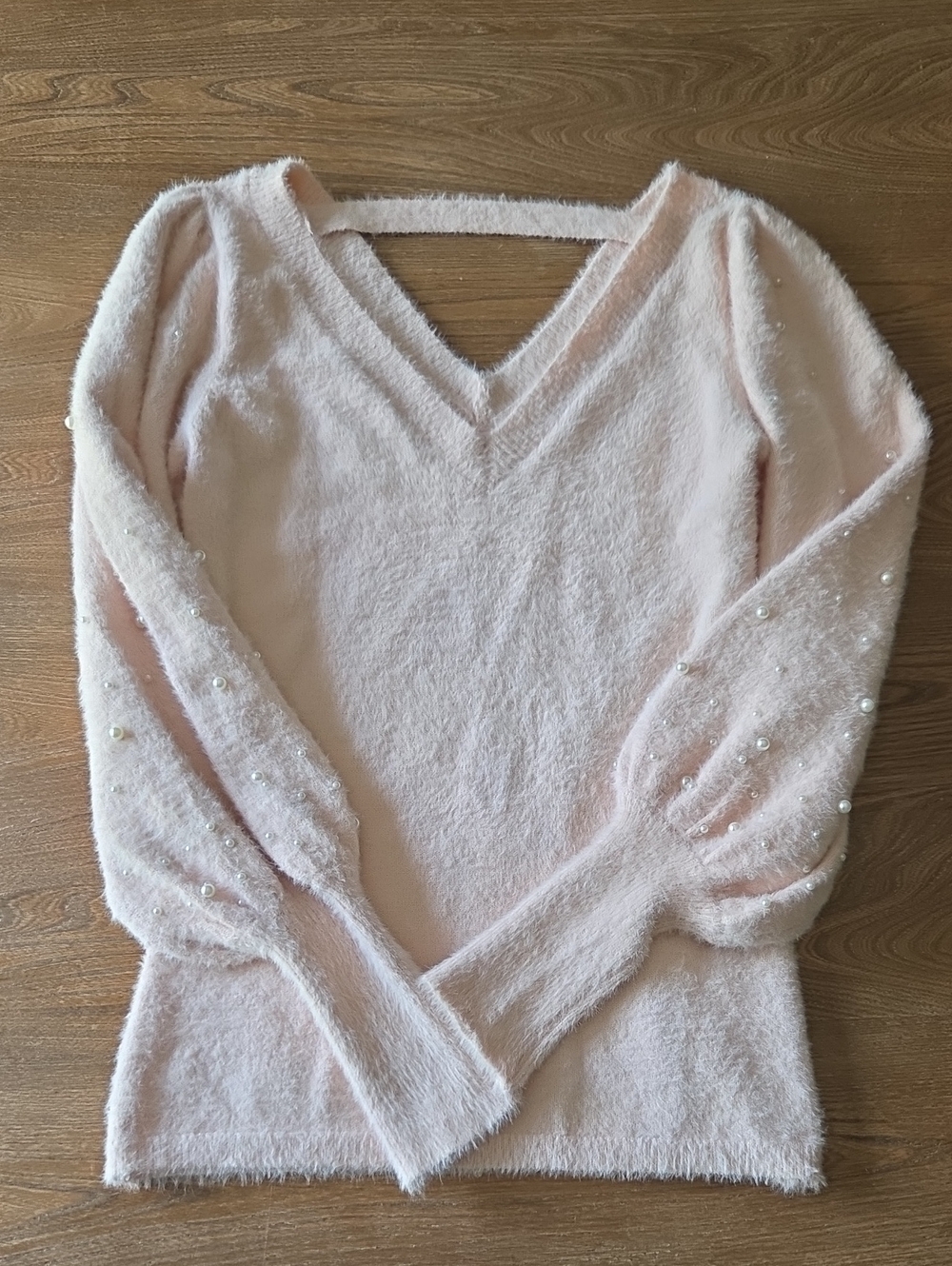 VENUS Blush Pink Fuzzy V-Neck Sweater with Pearl-Accent Sleeves